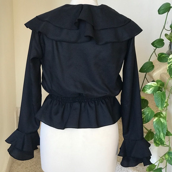 1970s Vintage Black Ruffle Button Down Blouse - Picture 3 of 8